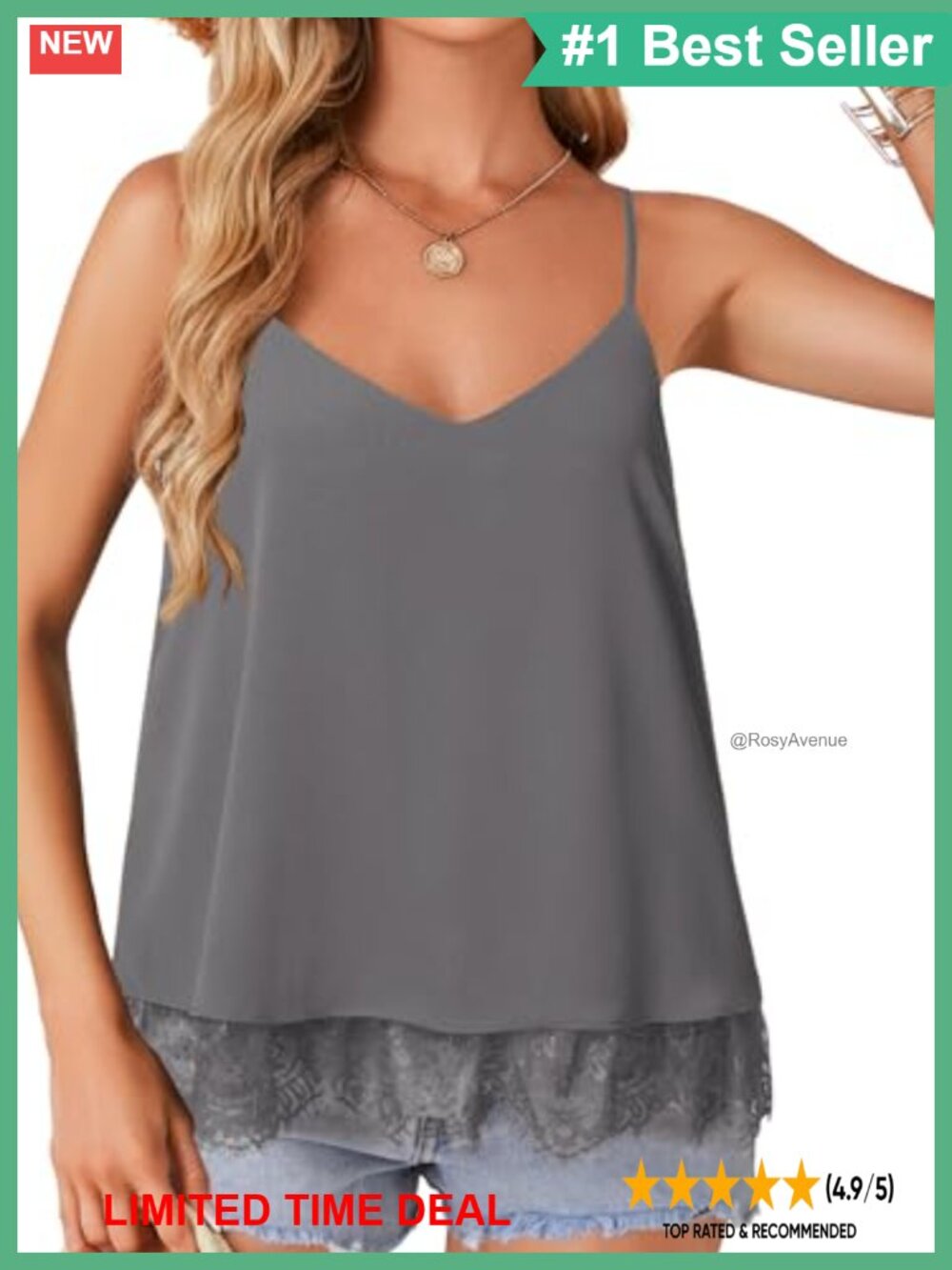 Chiffon Lace Trim V-Neck Cami Tank Top Adjustable Strap